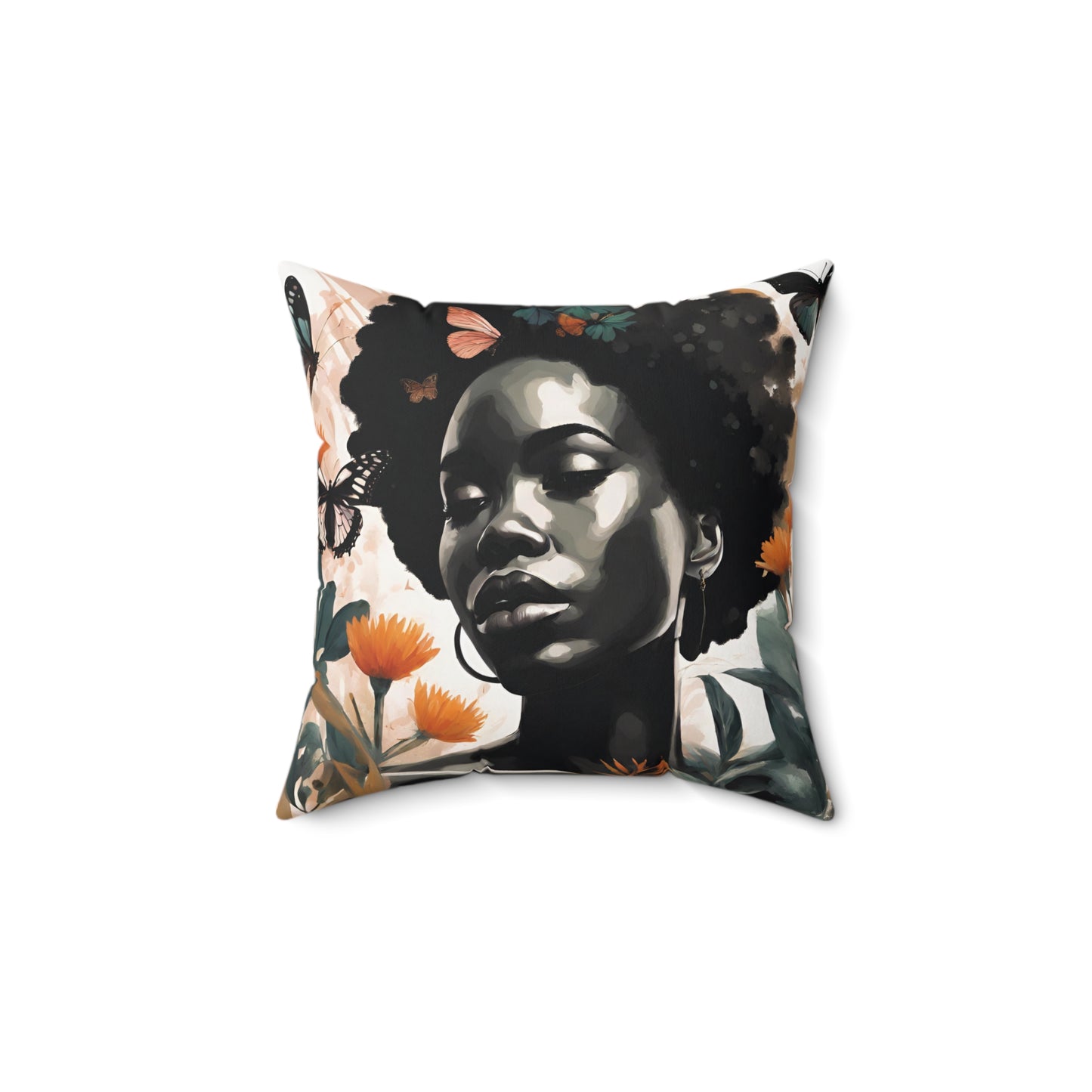 Black woman Flowers and Butterflies Polyester Square Pillow - TSHIRTLA20