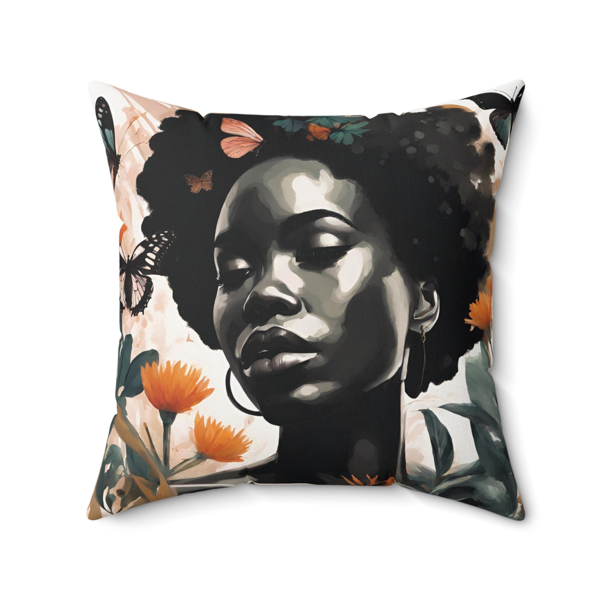 Black woman Flowers and Butterflies Polyester Square Pillow - TSHIRTLA20