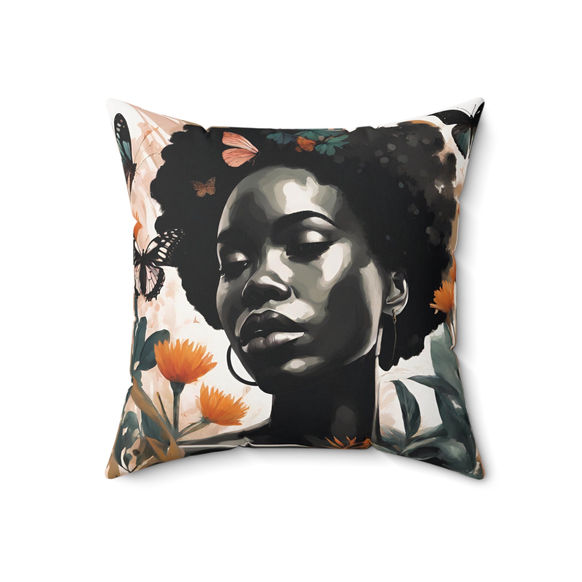 Black woman Flowers and Butterflies Polyester Square Pillow - TSHIRTLA20