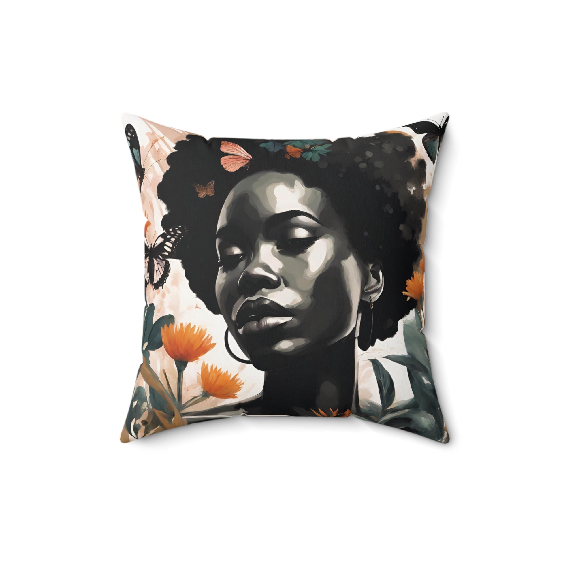 Black woman Flowers and Butterflies Polyester Square Pillow - TSHIRTLA20